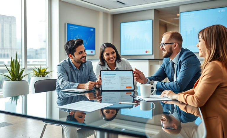Clientes discutindo opções e vantagens de empréstimo Citibank USA com consultor financeiro em banco moderno e iluminado