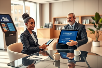 Mulher conversando com consultor em banco moderno, ambiente iluminado e seguro, solicitando empréstimo com segurança