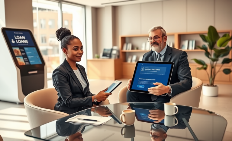 Mulher conversando com consultor em banco moderno, ambiente iluminado e seguro, solicitando empréstimo com segurança