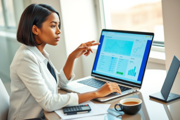 Mulher analisando opções de empréstimo online em laptop, comparando taxas para economizar com SoFi em ambiente moderno e iluminado
