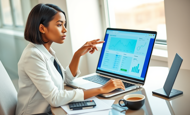 Mulher analisando opções de empréstimo online em laptop, comparando taxas para economizar com SoFi em ambiente moderno e iluminado