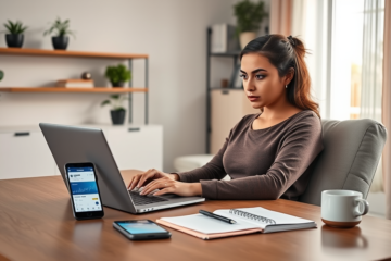 Jovem mulher em escritório doméstico focada usando laptop para solicitar crédito rápido Marcus em ambiente moderno e iluminado