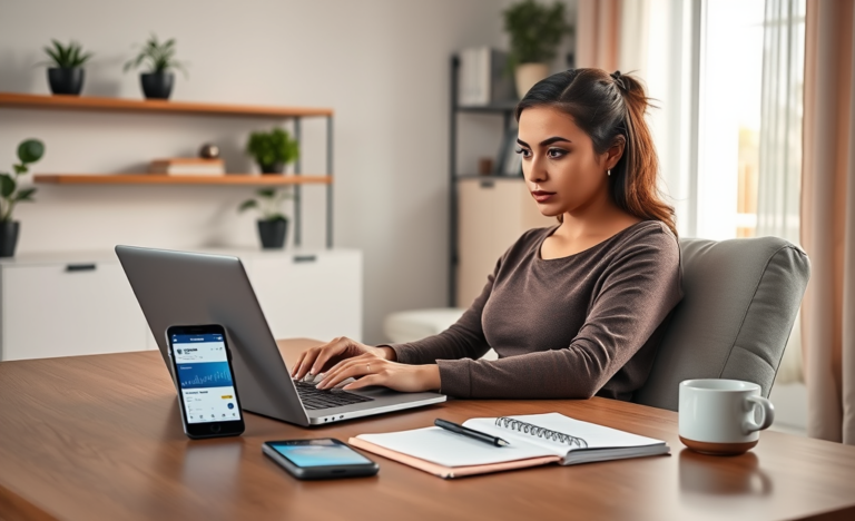 Jovem mulher em escritório doméstico focada usando laptop para solicitar crédito rápido Marcus em ambiente moderno e iluminado