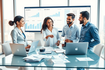 Pessoas em escritório moderno analisando opções ideais de crédito com documentos e gráficos financeiros em ambiente profissional