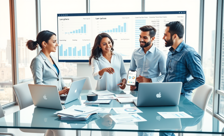 Pessoas em escritório moderno analisando opções ideais de crédito com documentos e gráficos financeiros em ambiente profissional
