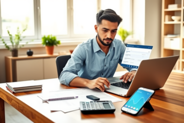 Jovem sentado em escritório moderno usando laptop para contratar crédito online nos Estados Unidos com documentos financeiros ao redor