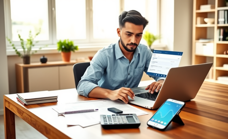 Jovem sentado em escritório moderno usando laptop para contratar crédito online nos Estados Unidos com documentos financeiros ao redor