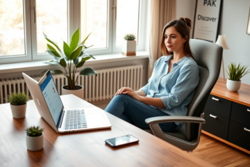 Jovem mulher usando laptop moderno em escritório iluminado para solicitar crédito digital com facilidade no Discover Bank
