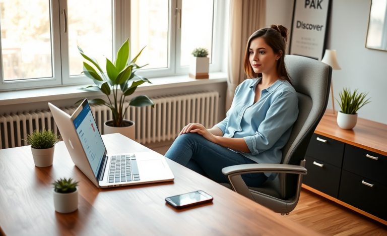 Jovem mulher usando laptop moderno em escritório iluminado para solicitar crédito digital com facilidade no Discover Bank