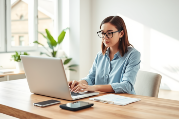 Mulher jovem simulando e comparando opções de crédito pessoal online em laptop em ambiente de escritório iluminado e organizado