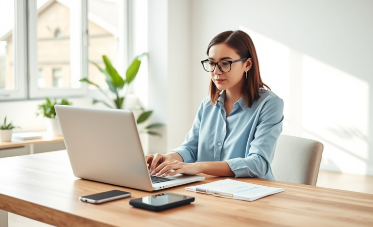 Mulher jovem simulando e comparando opções de crédito pessoal online em laptop em ambiente de escritório iluminado e organizado