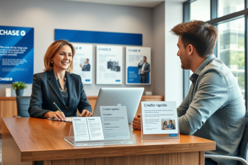 Cliente conversando com consultora bancária em ambiente profissional sobre crédito rápido seguro no Chase Bank
