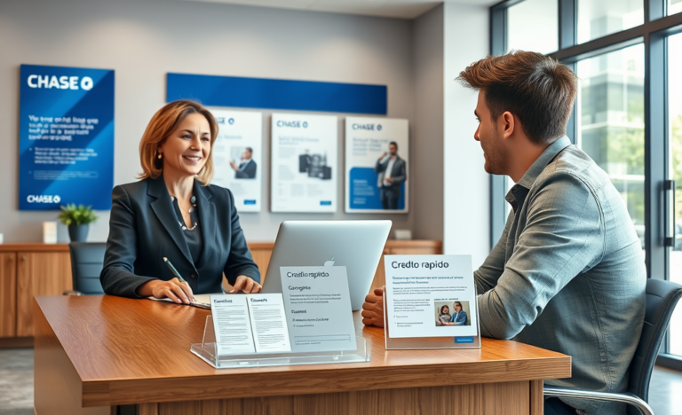 Cliente conversando com consultora bancária em ambiente profissional sobre crédito rápido seguro no Chase Bank