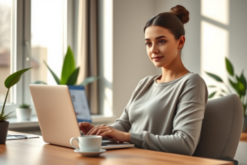 Mulher jovem aplicando com facilidade empréstimo online em ambiente confortável e iluminado, refletindo serviços financeiros digitais