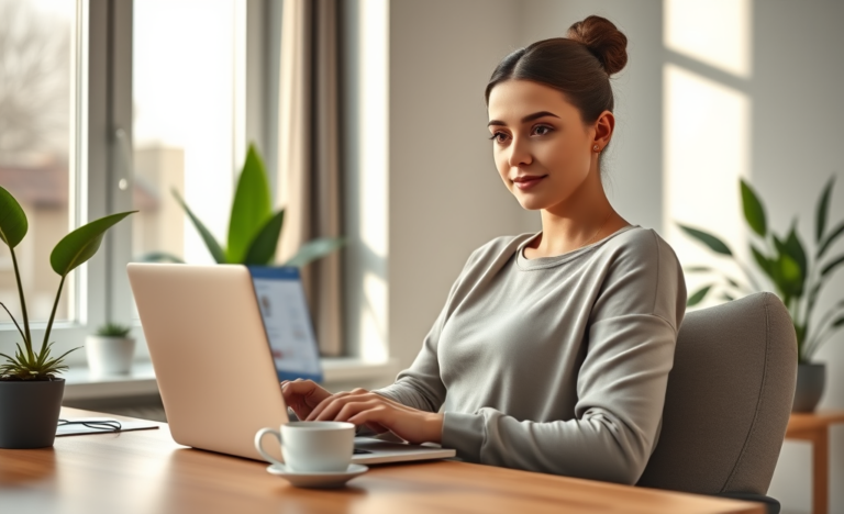 Mulher jovem aplicando com facilidade empréstimo online em ambiente confortável e iluminado, refletindo serviços financeiros digitais