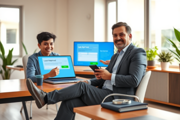 Cena moderna em escritório financeiro mostrando pessoa usando laptop e smartphone para solicitar empréstimos rápidos no Payoff USA