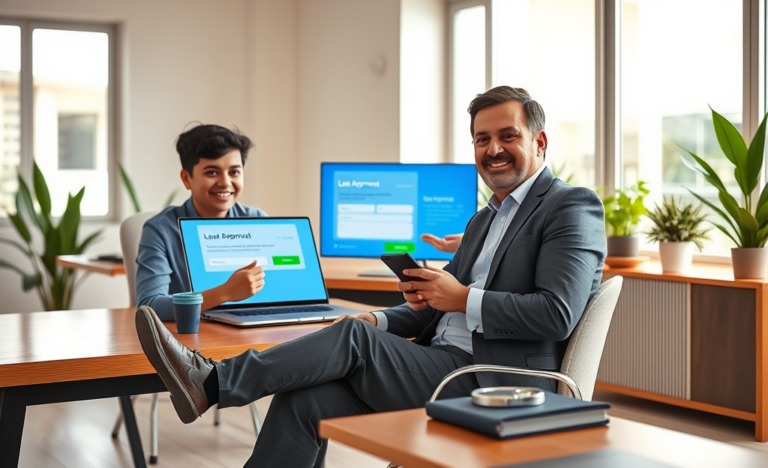 Cena moderna em escritório financeiro mostrando pessoa usando laptop e smartphone para solicitar empréstimos rápidos no Payoff USA