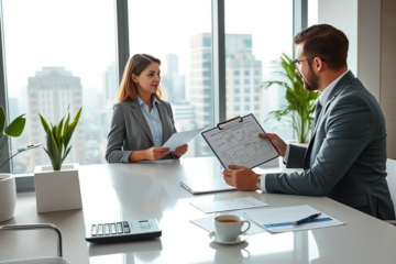 Ambiente moderno de consultoria financeira com mulher e assessor discutindo opções e condições de crédito fácil em escritório iluminado