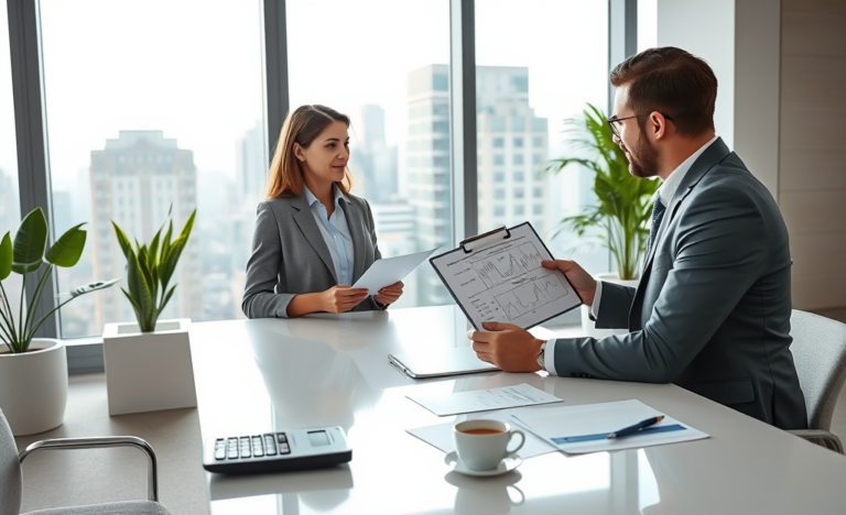 Ambiente moderno de consultoria financeira com mulher e assessor discutindo opções e condições de crédito fácil em escritório iluminado