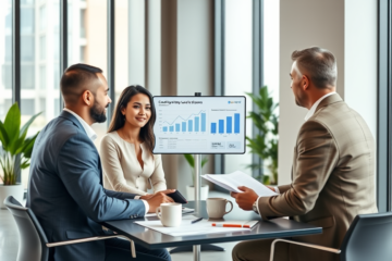 Casal em consultoria financeira moderna discutindo Crédito Upstart USA com profissional explicando opções de empréstimo em tablet