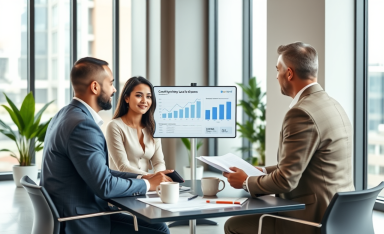 Casal em consultoria financeira moderna discutindo Crédito Upstart USA com profissional explicando opções de empréstimo em tablet
