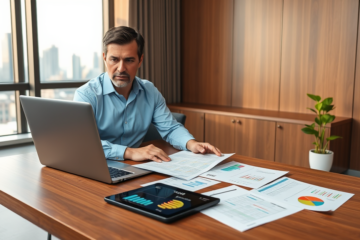 Homem em escritório moderno comparando taxas e condições de financiamento pessoal com documentos e gráficos financeiros