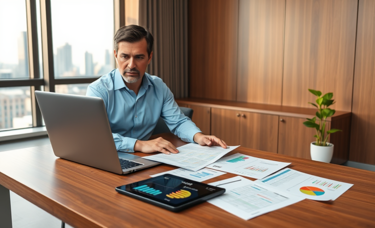 Homem em escritório moderno comparando taxas e condições de financiamento pessoal com documentos e gráficos financeiros