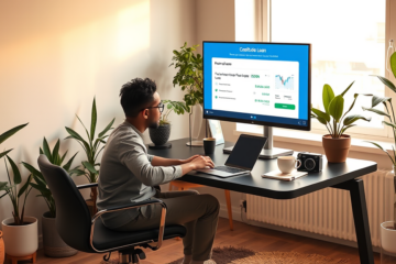 Freelancer trabalhando em escritório doméstico moderno, analisando condições de crédito pessoal para freelancers no SoFi