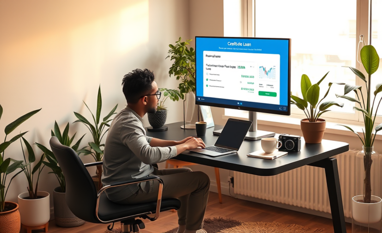 Freelancer trabalhando em escritório doméstico moderno, analisando condições de crédito pessoal para freelancers no SoFi