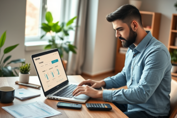 Homem autônomo em ambiente moderno utilizando laptop para solicitar crédito pessoal no Upgrade em escritório doméstico bem iluminado