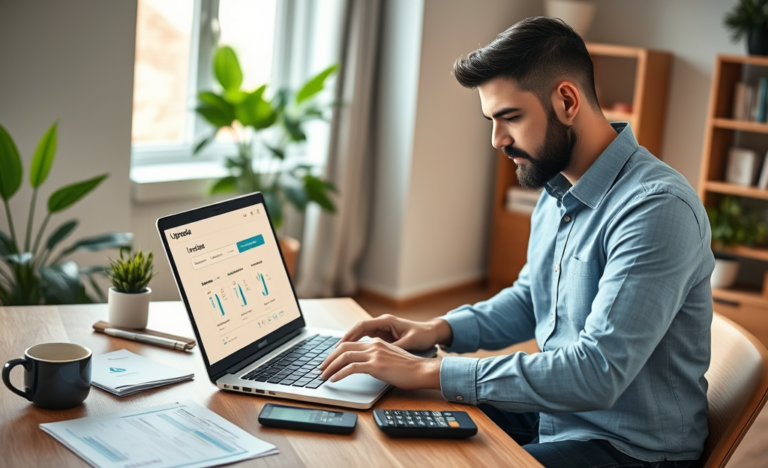 Homem autônomo em ambiente moderno utilizando laptop para solicitar crédito pessoal no Upgrade em escritório doméstico bem iluminado