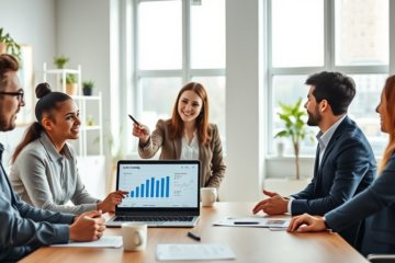 Profissionais discutindo investimentos LendingClub em escritório moderno com tela de laptop exibindo dados financeiros