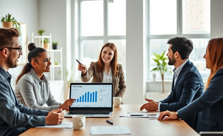 Profissionais discutindo investimentos LendingClub em escritório moderno com tela de laptop exibindo dados financeiros