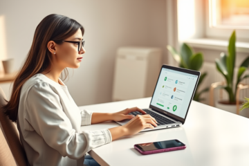 Mulher jovem confortável em escritório moderno usando laptop para solicitar crédito online de forma prática e confiável