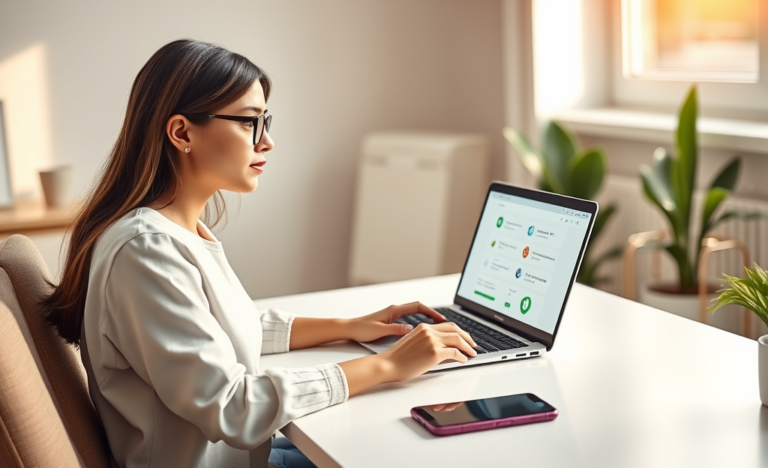 Mulher jovem confortável em escritório moderno usando laptop para solicitar crédito online de forma prática e confiável