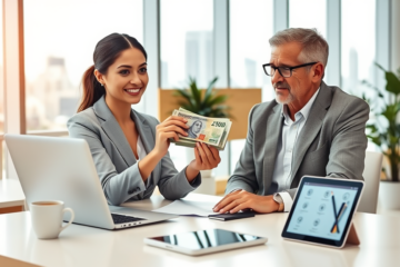 Profissional atendendo cliente em escritório moderno para empréstimo rápido, solução prática para dinheiro imediato