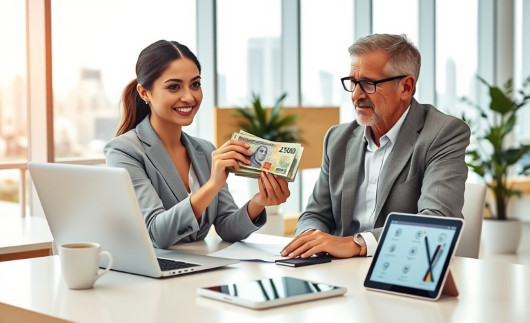 Profissional atendendo cliente em escritório moderno para empréstimo rápido, solução prática para dinheiro imediato
