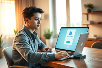 Pessoa confiante acessando crédito digital seguro em laptop moderno com scanner biométrico em ambiente de escritório doméstico
