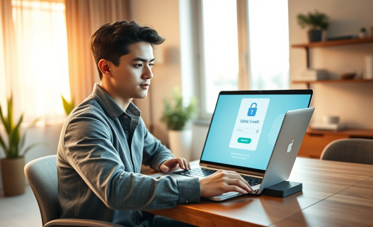 Pessoa confiante acessando crédito digital seguro em laptop moderno com scanner biométrico em ambiente de escritório doméstico