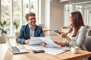 Jovem casal consultando um especialista financeiro em escritório moderno para contratar crédito pessoal com poucas exigências, ambiente claro e profissional