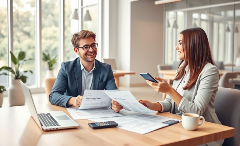 Jovem casal consultando um especialista financeiro em escritório moderno para contratar crédito pessoal com poucas exigências, ambiente claro e profissional