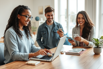 Três jovens adultos em ambiente moderno e iluminado nos EUA trabalhando com laptop, dinheiro e smartphone para dinheiro rápido