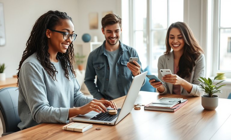 Três jovens adultos em ambiente moderno e iluminado nos EUA trabalhando com laptop, dinheiro e smartphone para dinheiro rápido