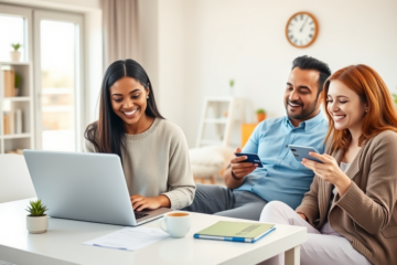 Três adultos em ambiente moderno de escritório doméstico, aprovando empréstimo online rapidamente nos Estados Unidos com dispositivos digitais