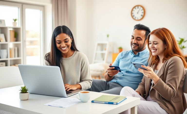 Três adultos em ambiente moderno de escritório doméstico, aprovando empréstimo online rapidamente nos Estados Unidos com dispositivos digitais