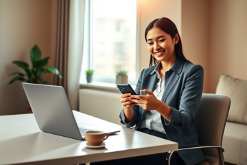 Mulher sorridente em escritório moderno usando smartphone após receber empréstimo rápido online com dinheiro direto na conta