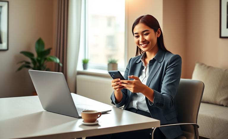Mulher sorridente em escritório moderno usando smartphone após receber empréstimo rápido online com dinheiro direto na conta