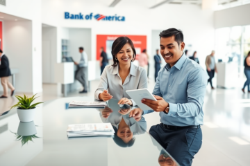 Mulher conversando com atendente no interior moderno do Bank of America, solicitando empréstimo de forma fácil e amigável