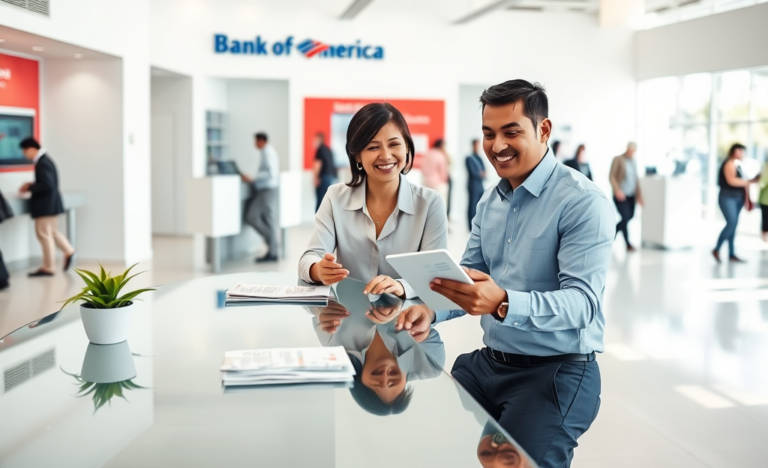 Mulher conversando com atendente no interior moderno do Bank of America, solicitando empréstimo de forma fácil e amigável