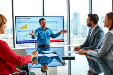 Sessão de consultoria financeira casual com pessoas analisando opções de crédito pessoal e vantagens em escritório moderno